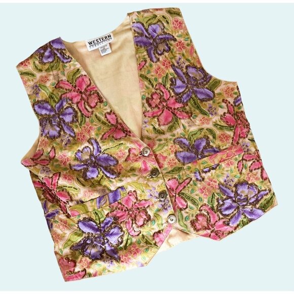 Vintage WESTERN CONNECTION 90s 00s Floral Beaded Vest Top Shirt Sz S - Picture 2 of 8